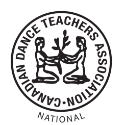 CDTA National logo, the logo is a circular design with "Canadian Dance Teachers Association" written around it. "National is written in capital letters below the circle. Within the circle two dancers are depicted kneeling towards each other holding up a branch.