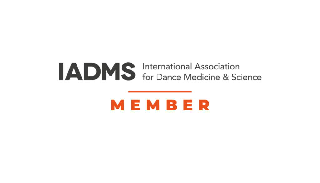 IADMS Logo, reads International Association for Dance Medicine & Science in black, below in orange member is written in capital letters